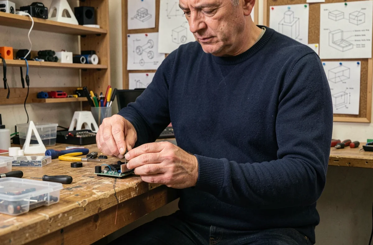 Entrepreneur assemblant un prototype électronique dans un laboratoire de fabrication artisanal
