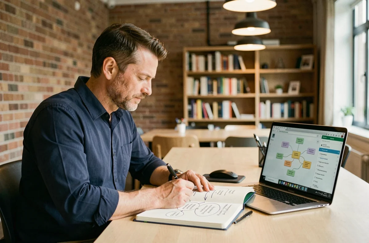 Entrepreneur solitaire développant une stratégie innovante dans un espace de coworking avec carnet de notes et ordinateur