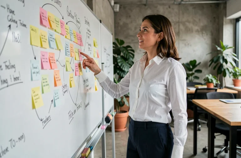 Entrepreneuse devant un tableau blanc rempli d'idées et de schémas dans un bureau de startup moderne