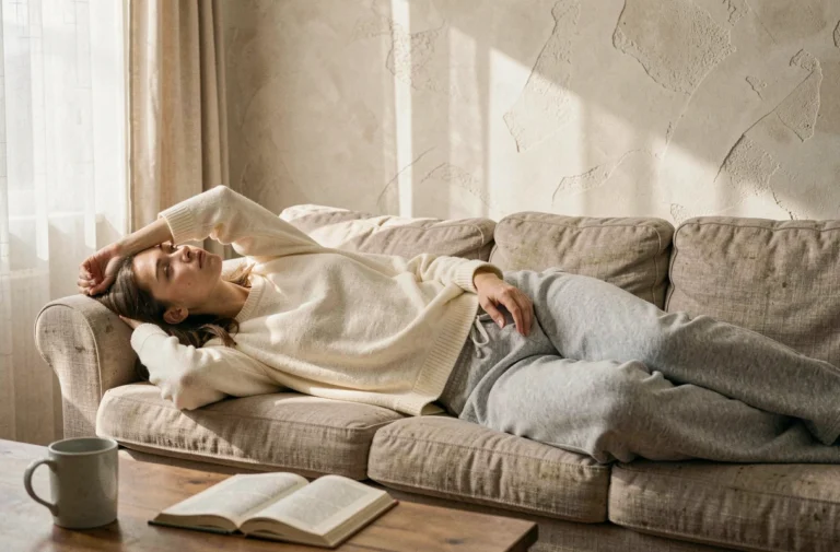 Femme allongée sur un canapé en lin regardant le plafond, illustrant l'envie de ne rien faire et la fatigue mentale
