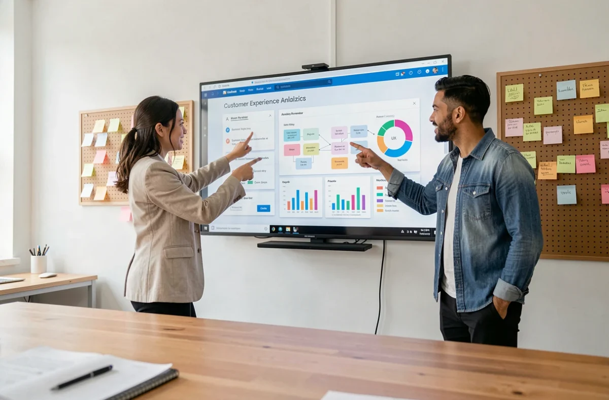 Équipe diversifiée analysant des données d'expérience client numérique sur un écran interactif lors d'une réunion en agence créative