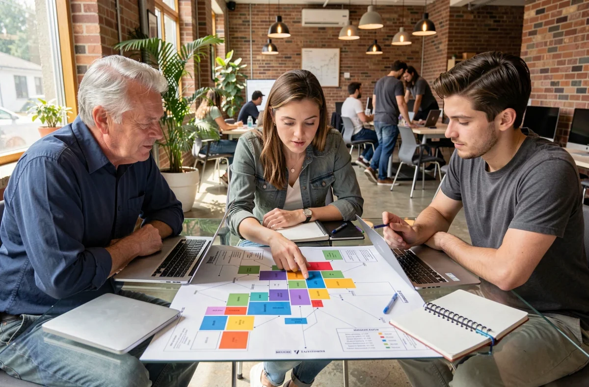 Équipe pluridisciplinaire étudiant une carte systémique imprimée dans un espace de travail collaboratif