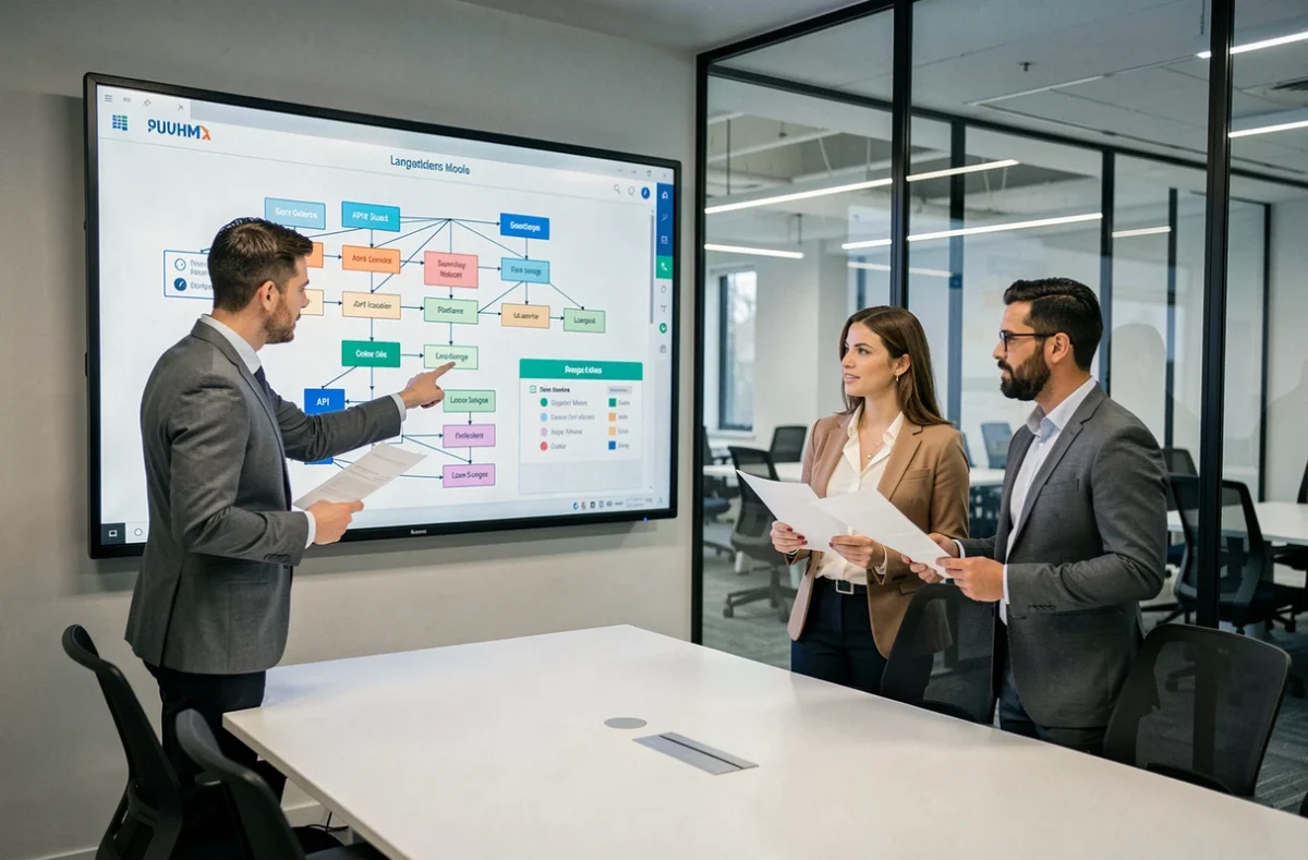 Équipe de professionnels tech en réunion discutant de l'architecture et du support d'un modèle de langage LLM devant un écran de conférence affichant un schéma de flux IA