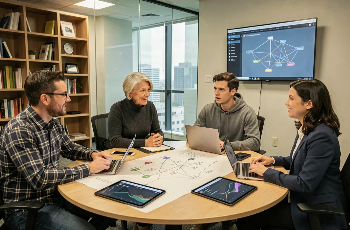 Équipe pluridisciplinaire réunie autour d'une table pour analyser une cartographie de processus dans le cadre d'une transformation numérique systémique