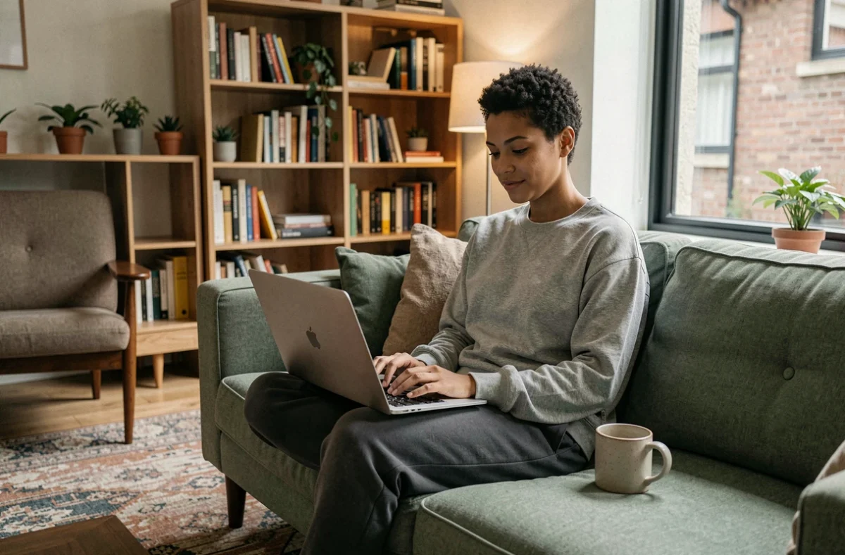 Femme travaillant sur son ordinateur portable dans l'espace commun d'un appartement coliving