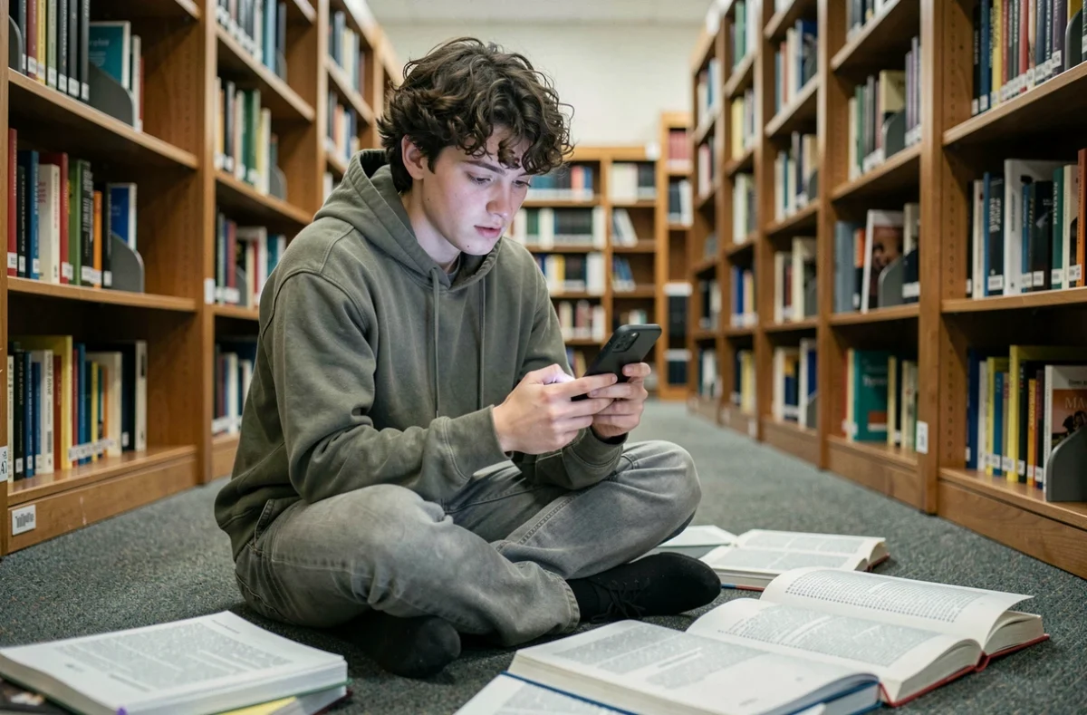 Étudiant en bibliothèque utilisant son téléphone pour vérifier si un texte a été écrit par une IA