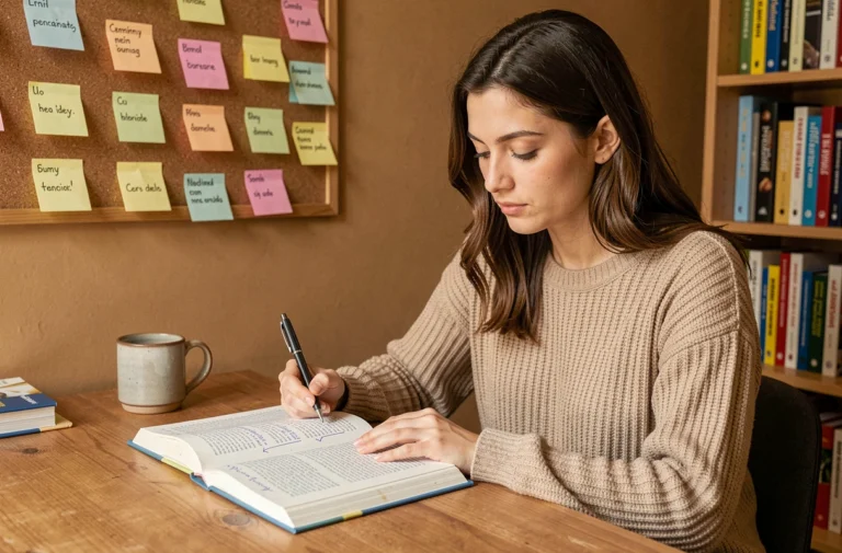 Jeune femme étudiant le français niveau A2 avec des livres et des fiches de vocabulaire sur un bureau en bois