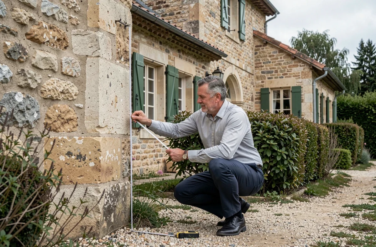 Expert immobilier mesurant la façade d'une maison ancienne en pierre lors d'une visite d'estimation