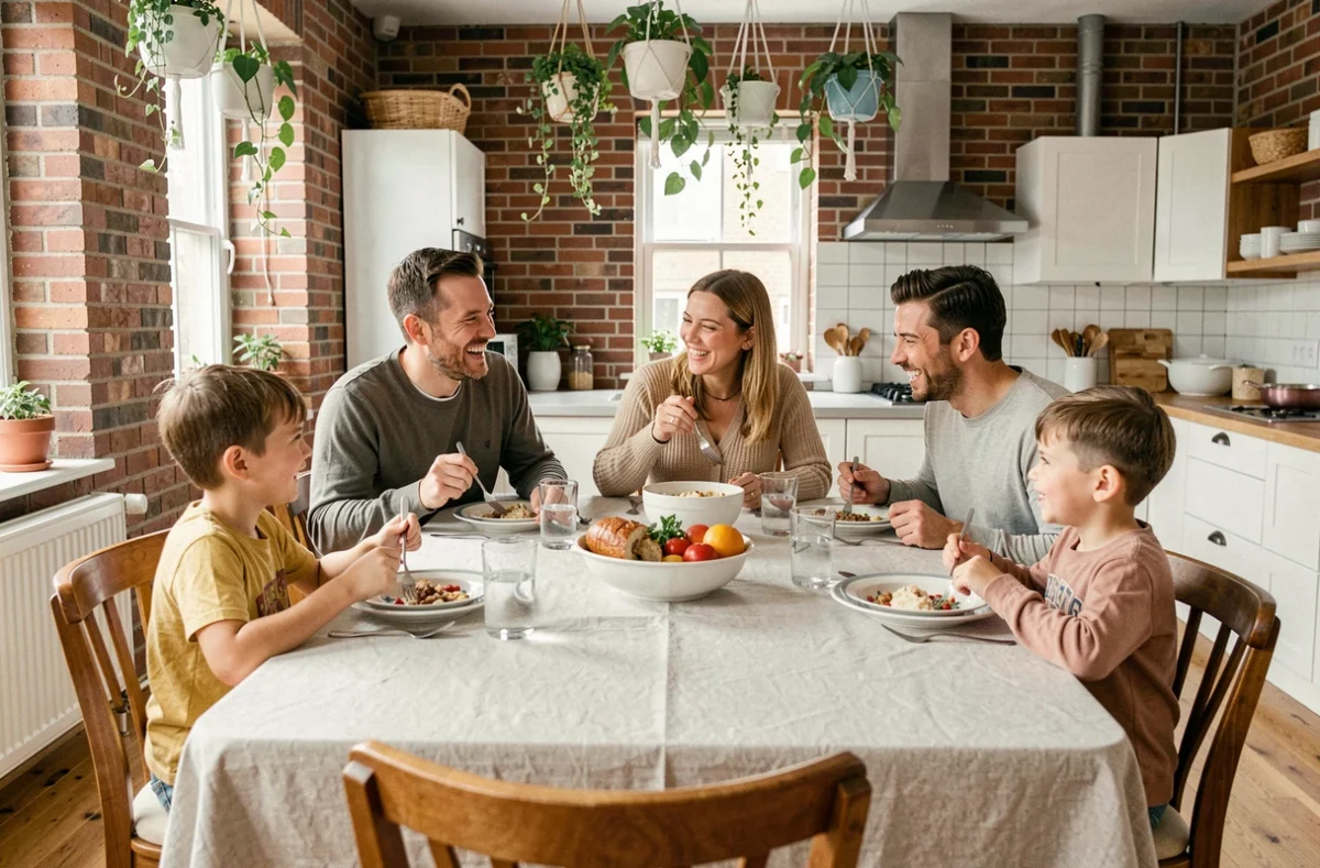Famille recomposée heureuse autour d'un repas dans un appartement moderne, illustrant les bienfaits du remariage sur la vie familiale