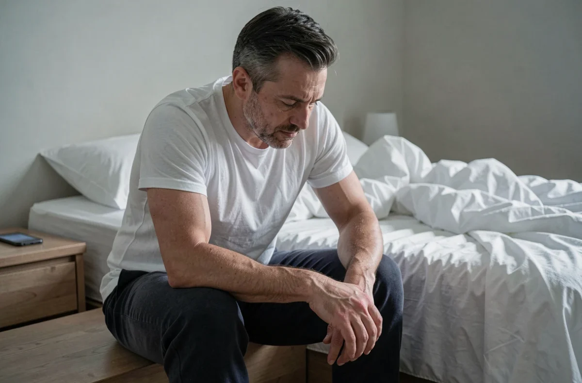 Homme assis au bord d'un lit le matin, tête baissée, exprimant une fatigue profonde et l'absence de motivation