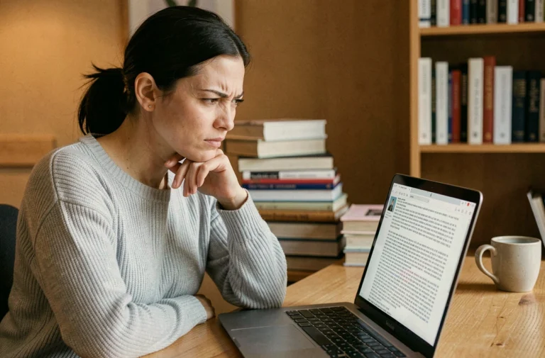Femme analysant un texte généré par IA sur son ordinateur portable dans un bureau à domicile
