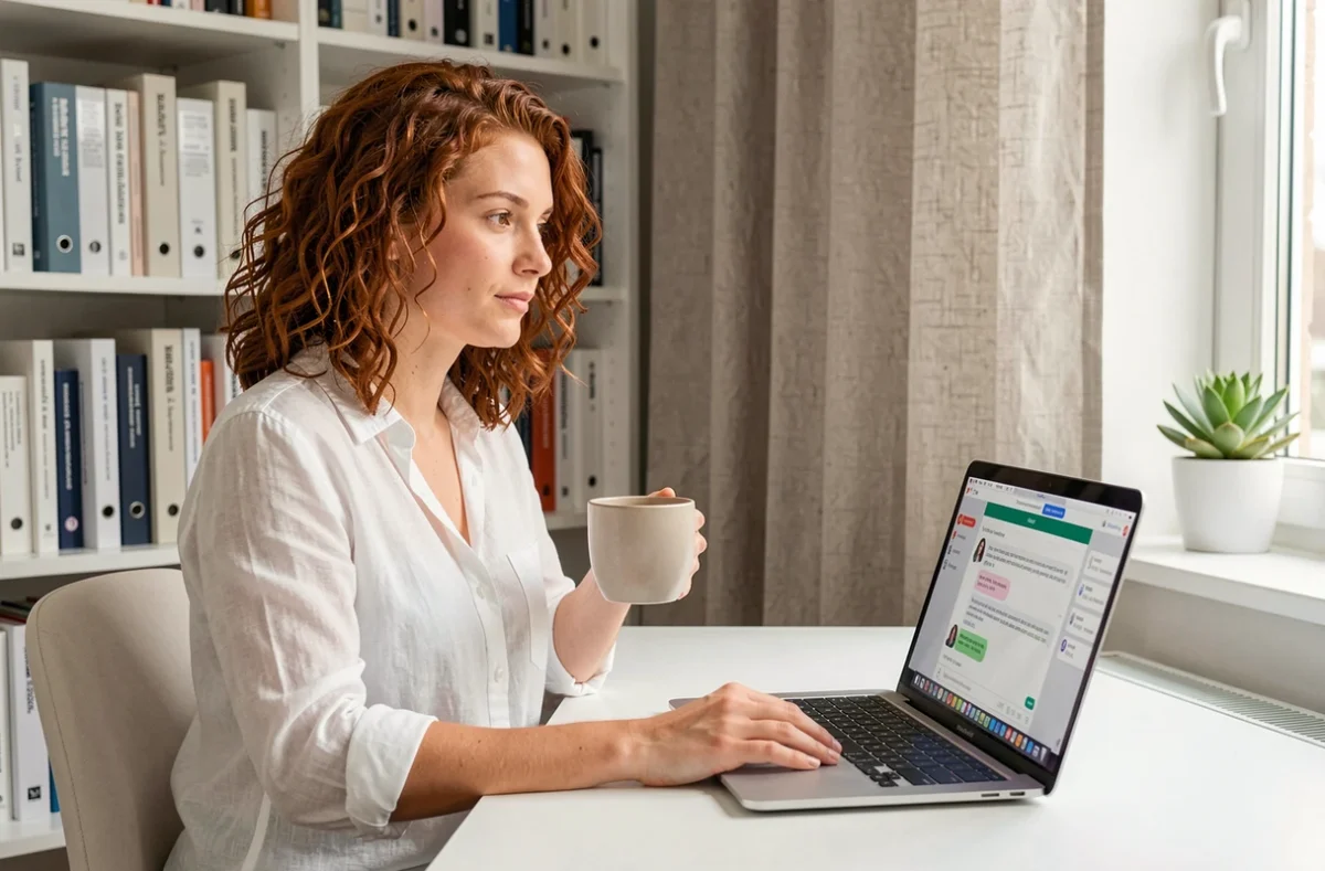 Jeune femme utilisant un assistant IA basé sur un LLM depuis son bureau à domicile de style scandinave, illustrant le support conversationnel par modèle de langage