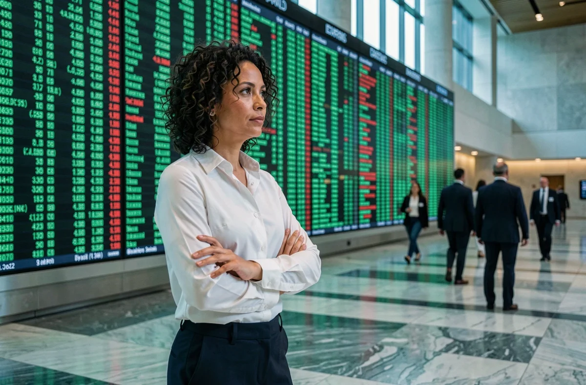 Femme cadre financière debout face à un tableau de données boursières dans une grande salle des marchés avec parquet en marbre
