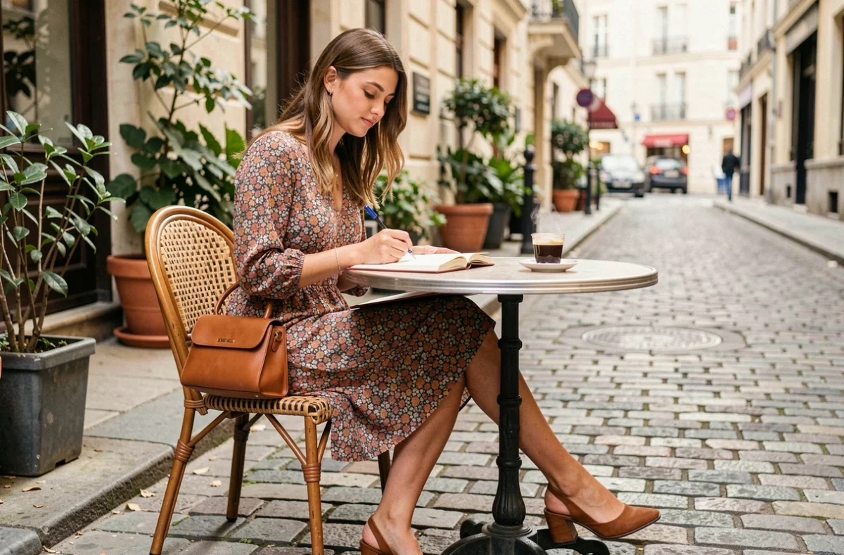 Jeune femme stylée prenant des notes dans un café parisien pour planifier ses tenues et améliorer son style