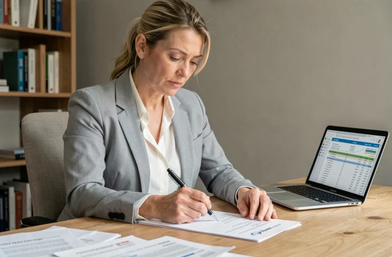 Femme consultant des documents de prêt immobilier dans un bureau à domicile