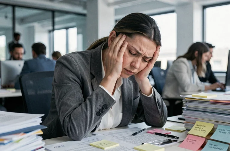 Femme épuisée au bureau, tête dans les mains, signe de burn-out professionnel
