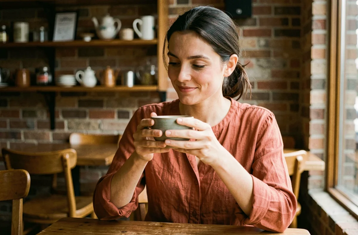 Jeune femme intuitive souriante dans un café, tenant une tasse de café, air contemplatif et serein