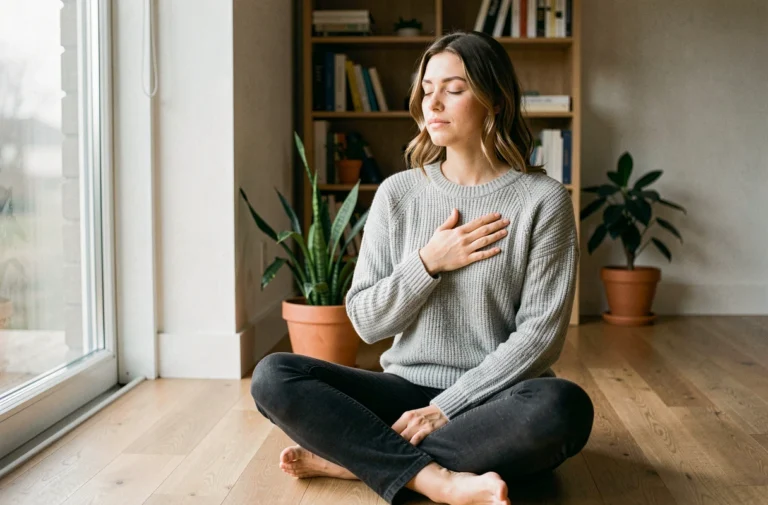 Femme intuitive en méditation assise sur un plancher en bois, main sur le cœur, dans un salon minimaliste