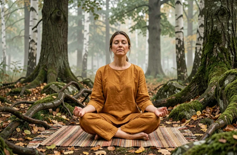 Femme en méditation profonde lors d'une retraite chamanique en forêt, assise sur un plaid en laine au milieu d'une clairière entourée de vieux arbres et de brume matinale