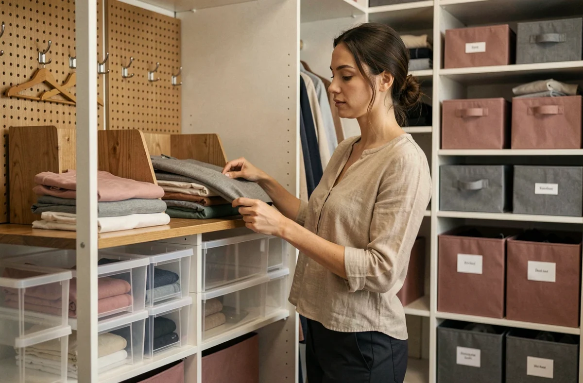 Femme rangeant des vêtements pliés dans un dressing avec étagères, boîtes de rangement et séparateurs