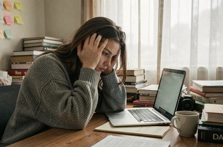 Jeune femme épuisée la tête dans les mains devant un bureau encombré, illustrant la procrastination et le sentiment de ne rien accomplir