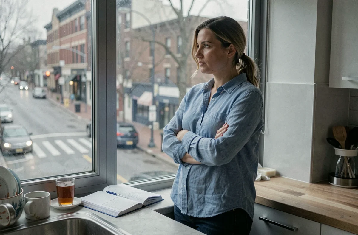 Femme pensive debout devant une fenêtre de cuisine regardant dehors, illustrant la rumination mentale et le sentiment d'être bloquée dans sa vie