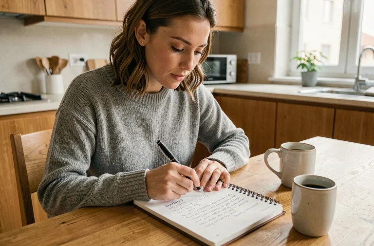 Femme qui planifie son budget personnel dans un carnet à la table de sa cuisine