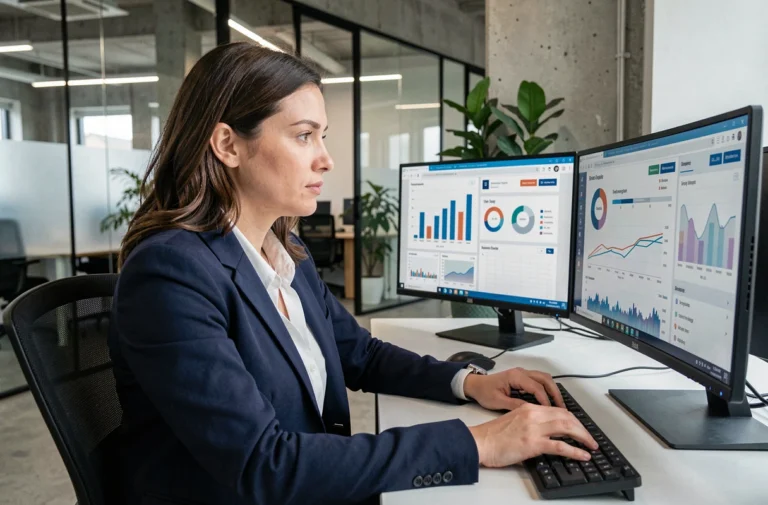 Femme professionnelle travaillant dans un bureau fintech moderne avec des tableaux de bord financiers sur écran