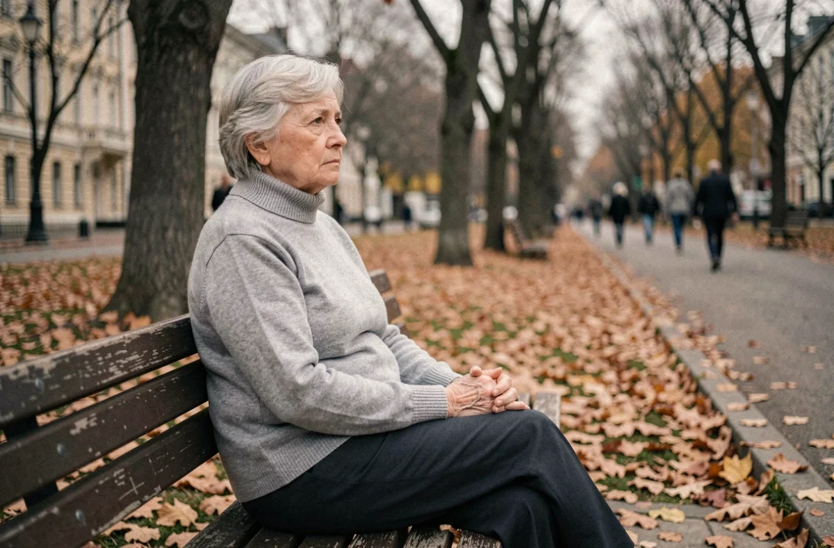 Femme retraitée seule sur un banc de parc en automne, regard pensif, évoquant la solitude et l'ennui après la retraite