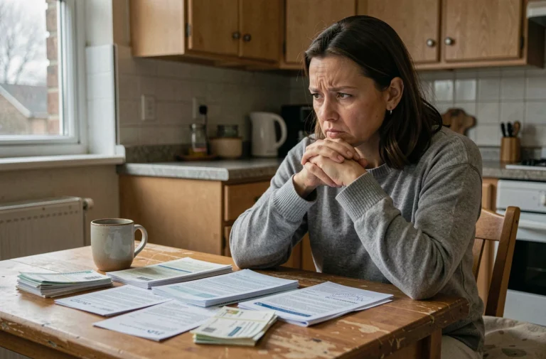 Femme stressée face à ses factures et documents financiers sur une table de cuisine, illustrant l'anxiété liée à l'argent