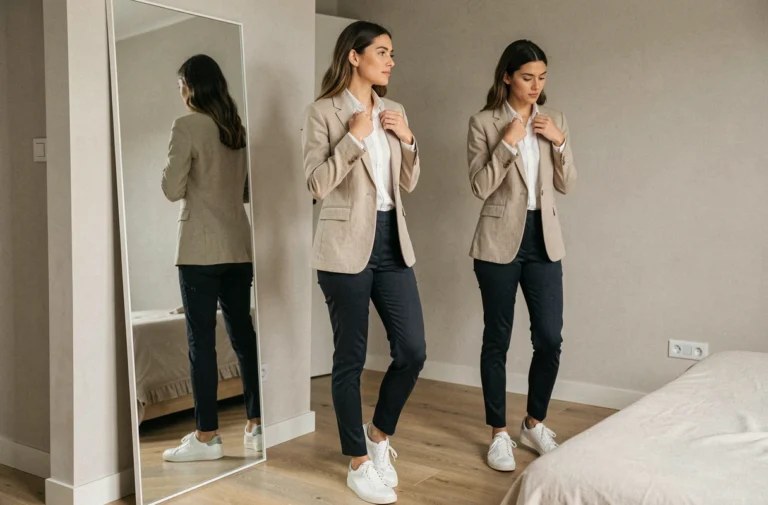 Femme élégante ajustant sa tenue devant un miroir dans une chambre moderne pour améliorer son style vestimentaire
