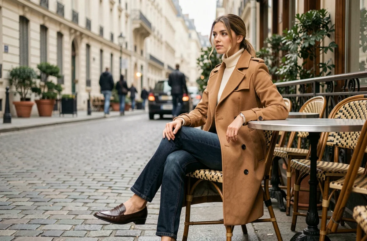 Femme stylée en trench camel assise à une terrasse de café parisien, tenue moderne et élégante au quotidien