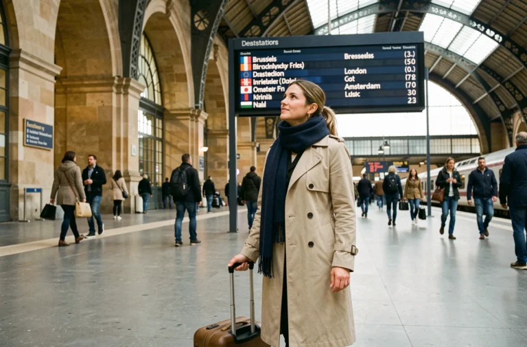 Femme avec valise sur le quai d'une gare parisienne regardant le tableau des destinations européennes en train