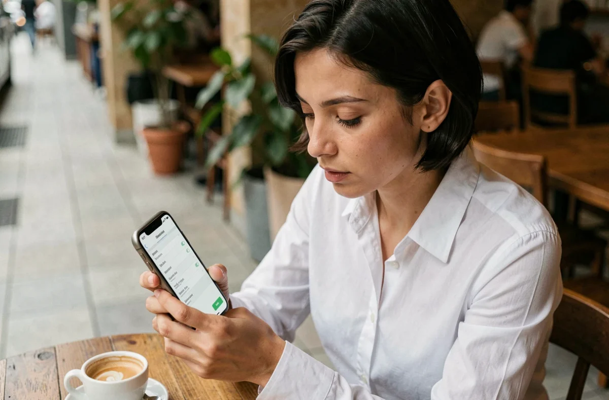 Femme consultant les paramètres réseau sur son smartphone pour vérifier une connexion VPN dans un café