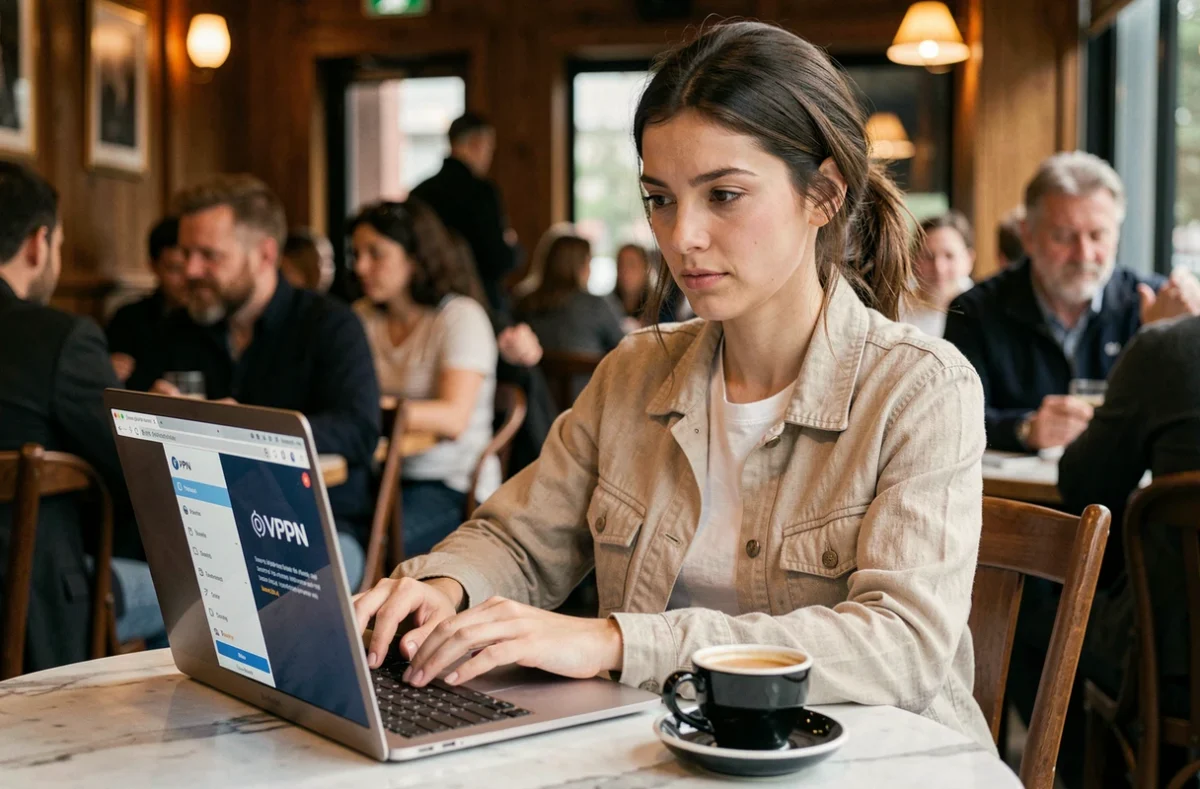 Femme se connectant à un VPN dans un café public sur son ordinateur portable