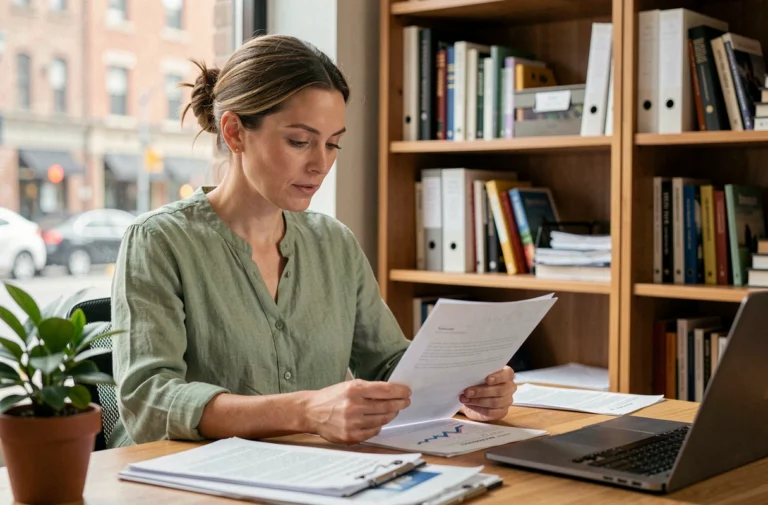 Mère de famille révisant les documents de financement d'une école Montessori depuis son bureau à domicile