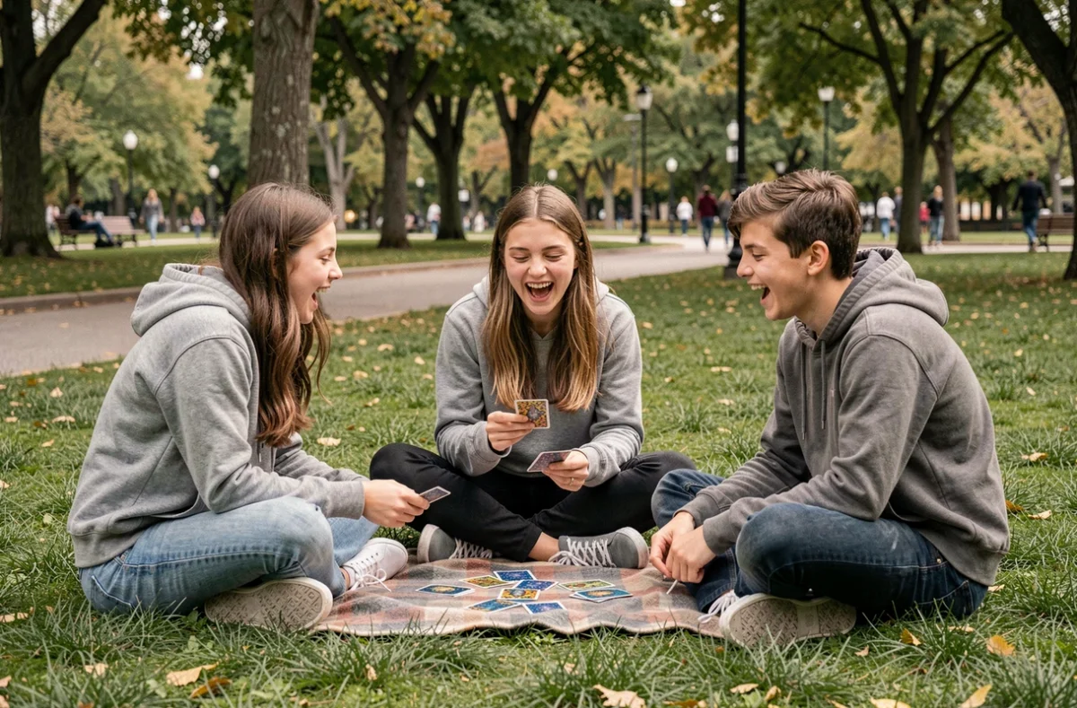 Groupe de trois adolescents jouant aux cartes sur l'herbe dans un parc urbain, illustrant les fonctions relationnelles et émotionnelles du jeu chez les jeunes