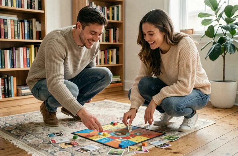 Deux jeunes adultes jouant à un jeu de société sur un plancher en bois dans un salon chaleureux, illustrant les fonctions sociales et cognitives du jeu