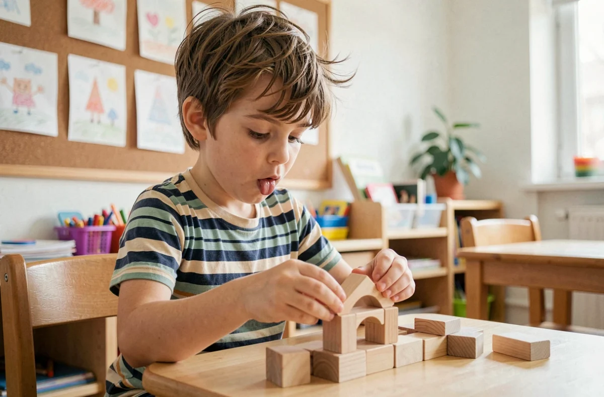 Jeune garçon concentré construisant une tour avec des blocs en bois dans une salle de classe, illustrant le rôle du jeu dans le développement cognitif et moteur de l'enfant