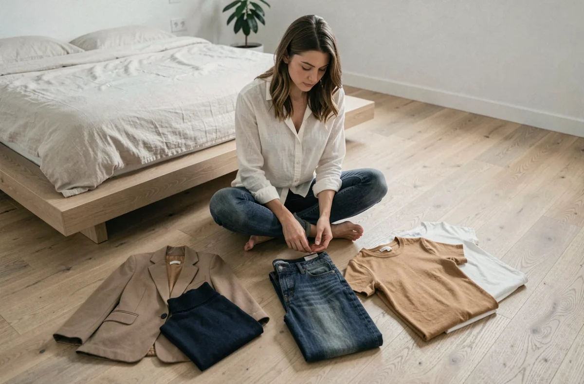 Femme assise sur le sol triant une petite garde-robe minimaliste composée de vêtements essentiels en couleurs neutres