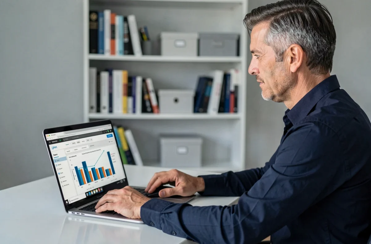 Homme gérant son budget mensuel sur un ordinateur portable avec tableur dans un bureau à domicile