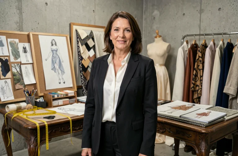 Créatrice de mode emblématique dans son atelier entourée de croquis et de matières textiles luxueuses