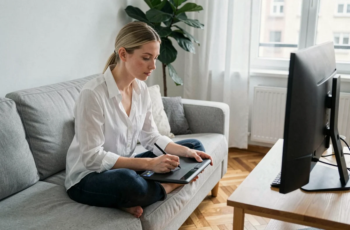 Jeune femme graphiste travaillant depuis son salon avec une tablette graphique et un moniteur