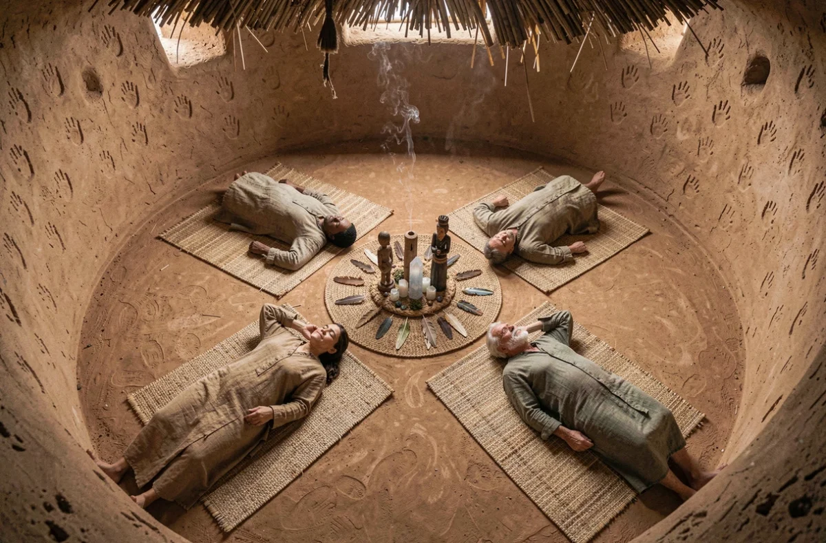 Groupe de participants allongés en cercle lors d'un voyage chamanique intérieur dans une salle de cérémonie en adobe avec un autel central de cristaux et de plumes