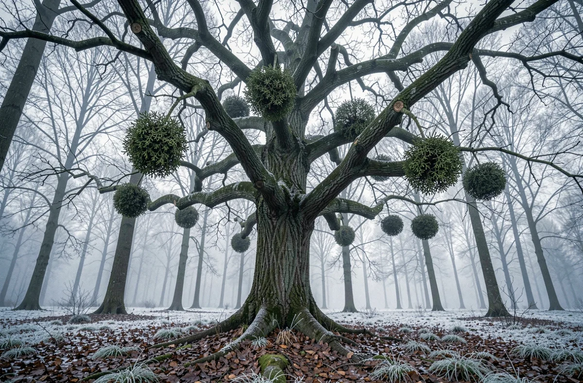 Grands bouquets de gui poussant sur les branches d'un chêne en forêt hivernale avec brume matinale