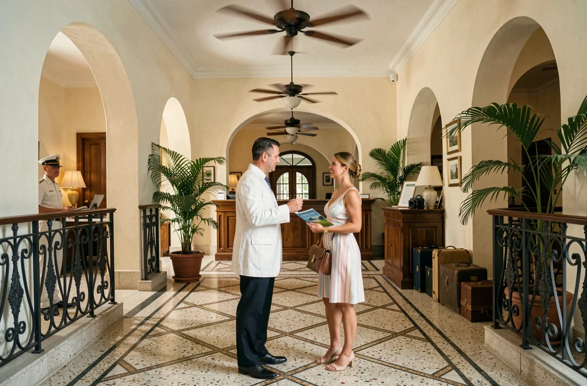 Hall d'entrée élégant d'un hôtel tout compris historique des années 1950 avec décor colonial caribéen et personnel en uniforme