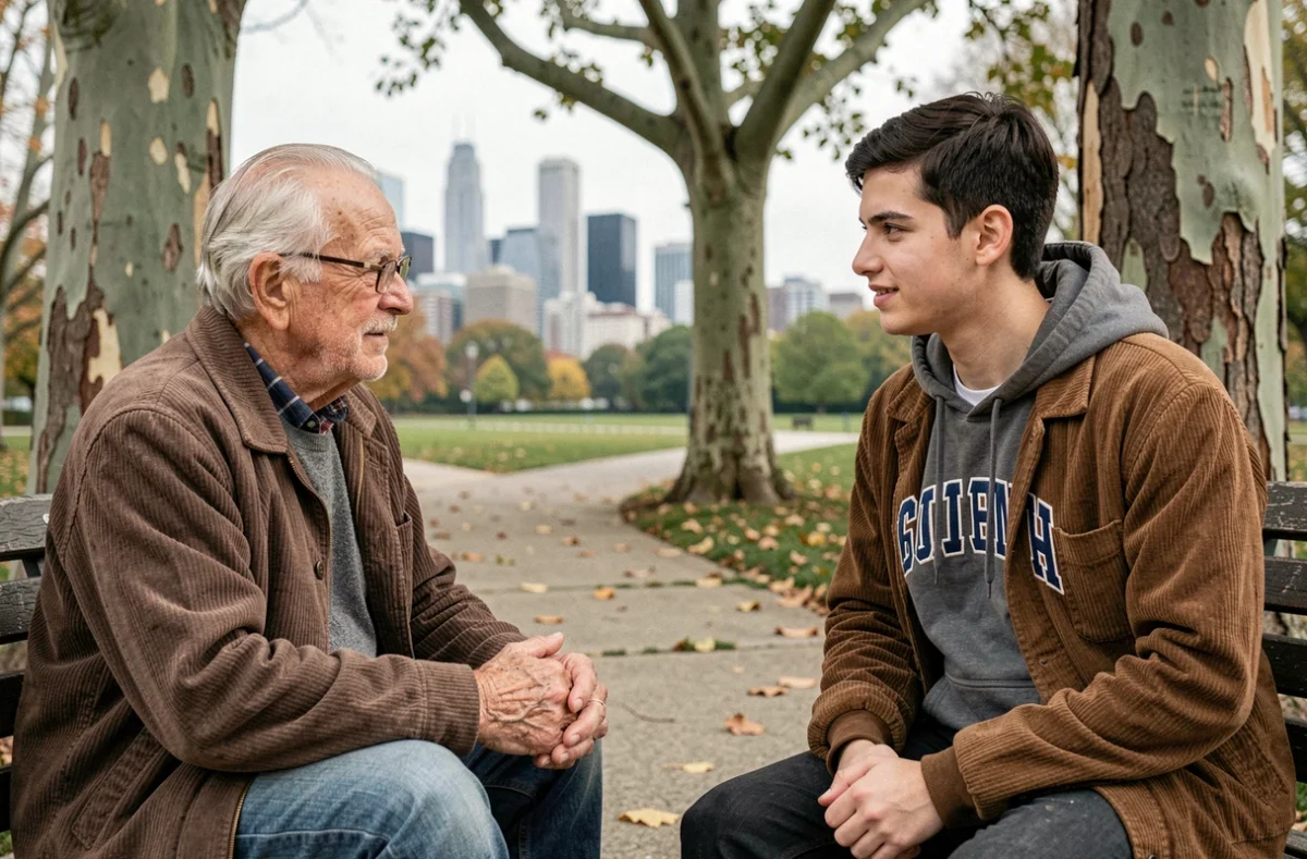 Un homme âgé et un jeune adulte assis sur un banc de parc urbain, illustrant le dialogue et l'équité entre générations