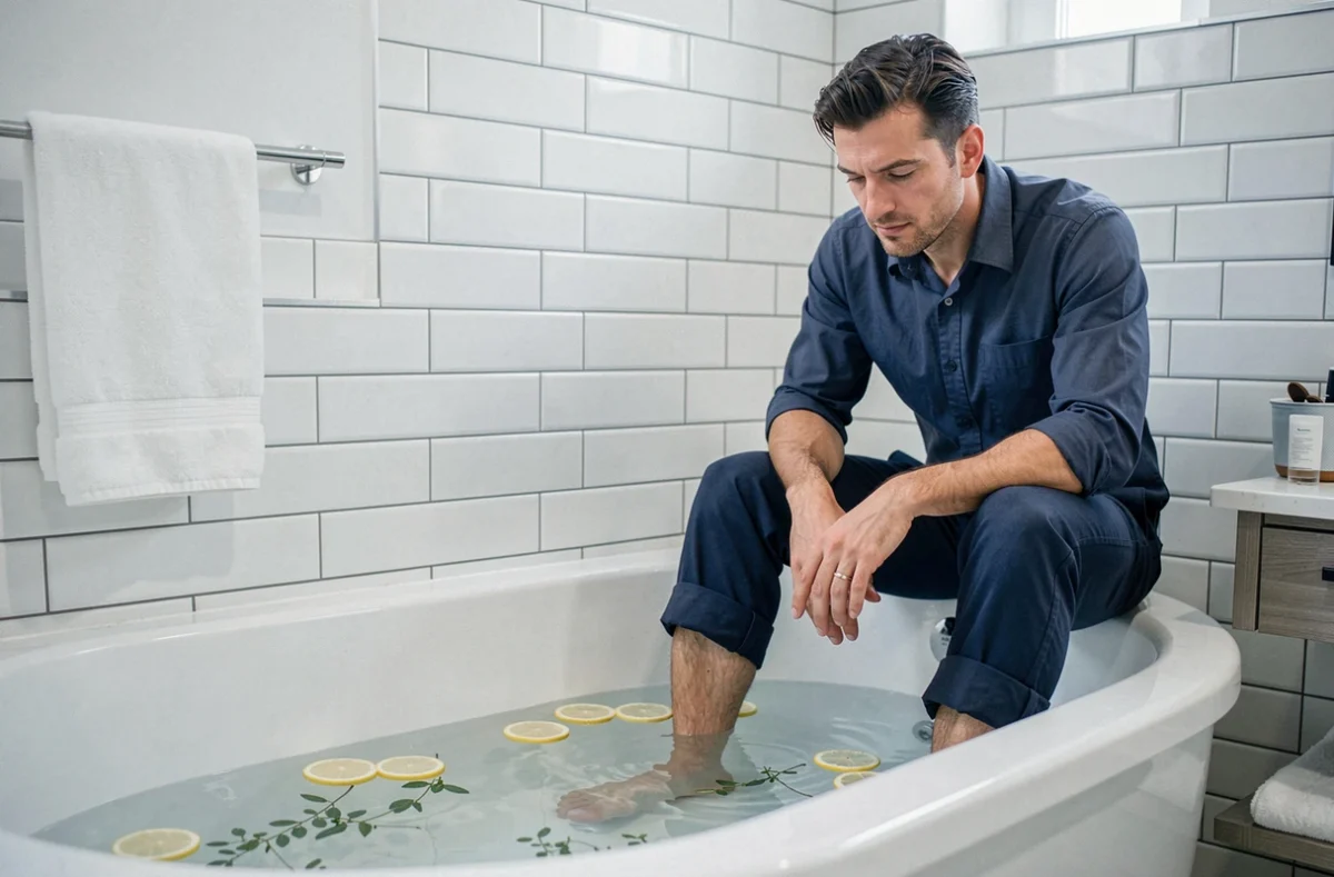 Homme trempant ses pieds dans un bain relaxant à l'hôtel après un long trajet en avion ou en train