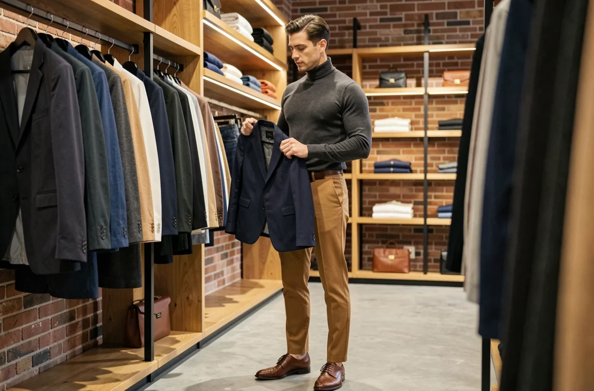 Homme élégant en boutique choisissant un blazer pour perfectionner son style personnel