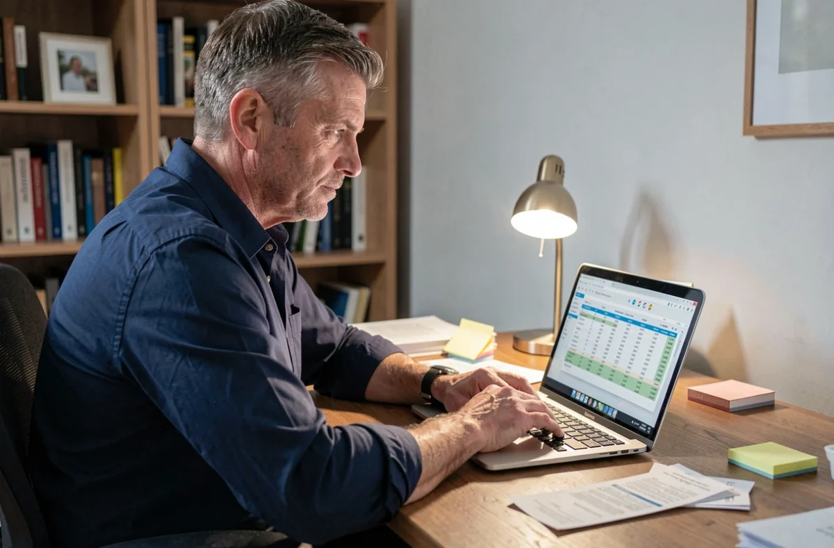 Homme consultant un tableau de budget personnel sur ordinateur portable dans un bureau à domicile